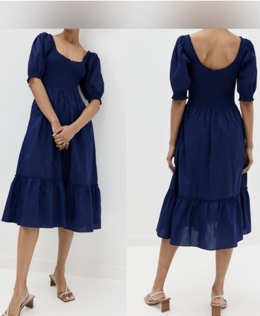 Hill House Nap Dress Navy Blue Smocked Short Puff Sleeve XXS EUC